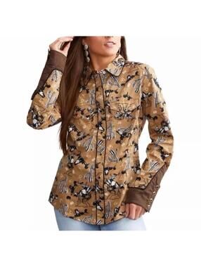Wrangler X Leon Bridges Snap Button Down Western Shirt Cowboy Print Brown L